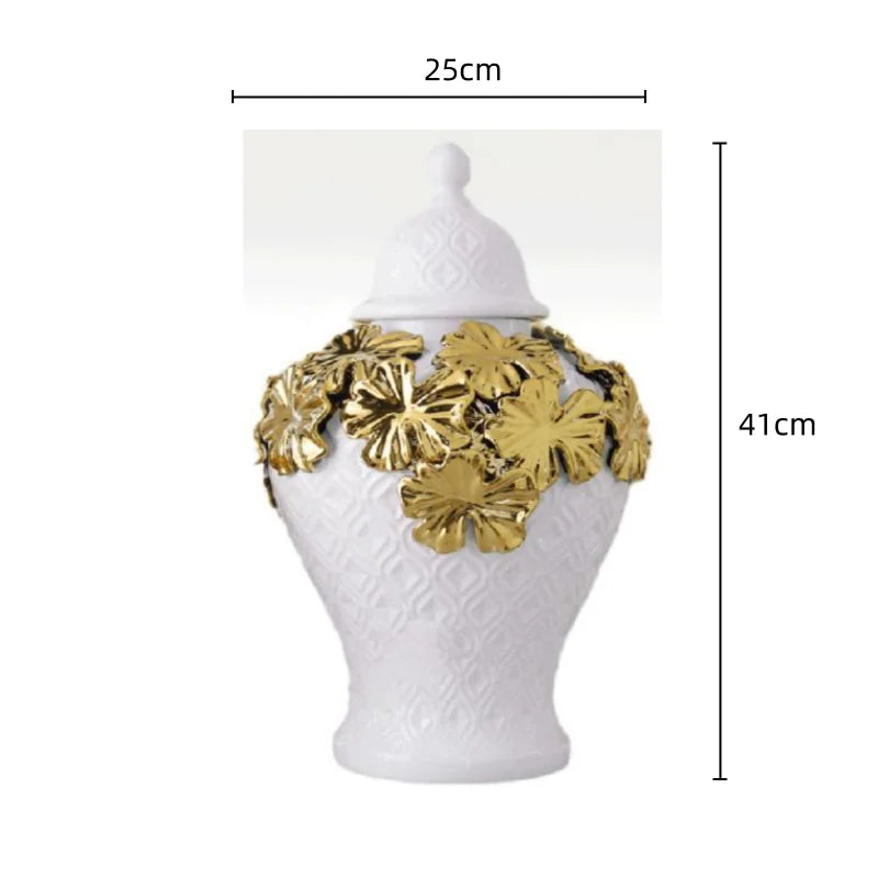 Ceramic Checkmate Jar Argyle Ginger Jar Embossed Gold Petal Storage Tank Flower Vase Home Decoration Accessories - Grand Goldman