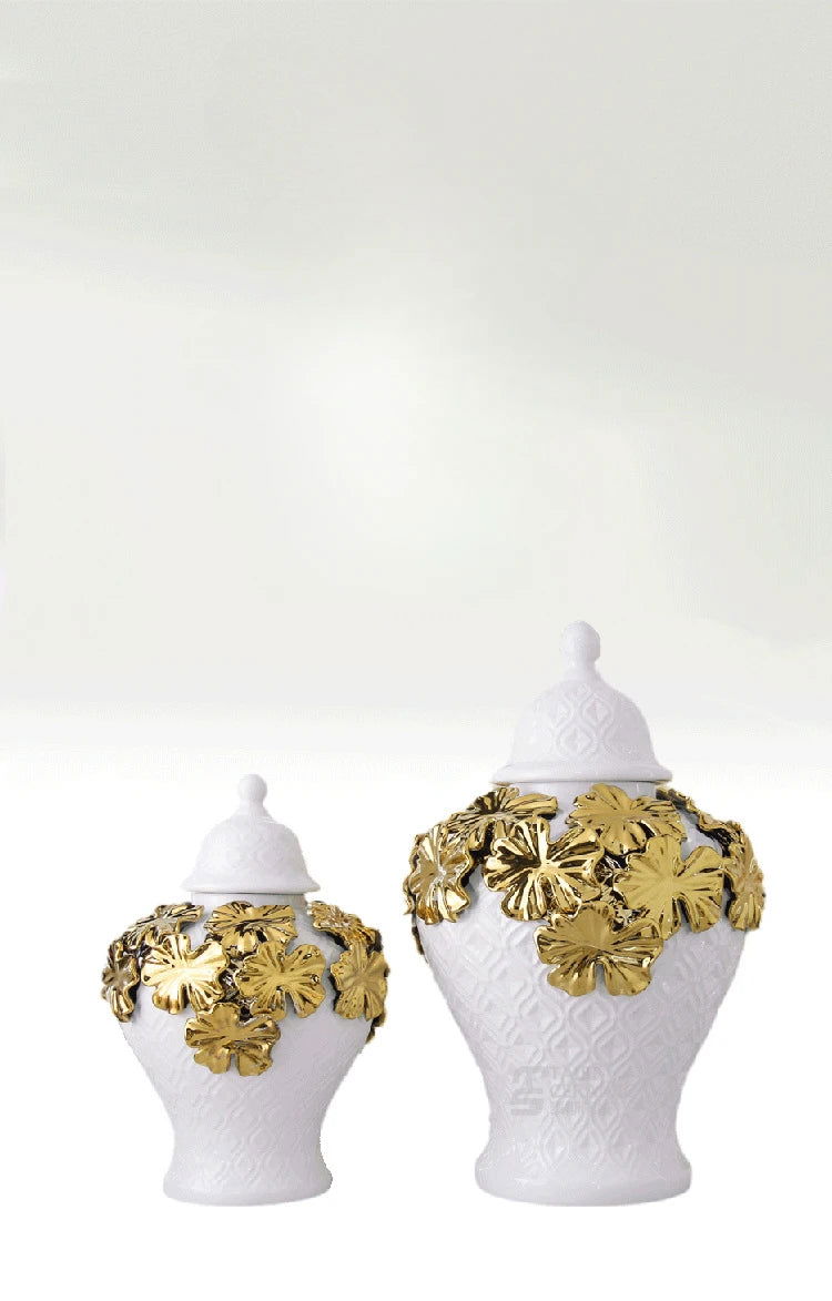 Ceramic Checkmate Jar Argyle Ginger Jar Embossed Gold Petal Storage Tank Flower Vase Home Decoration Accessories - Grand Goldman