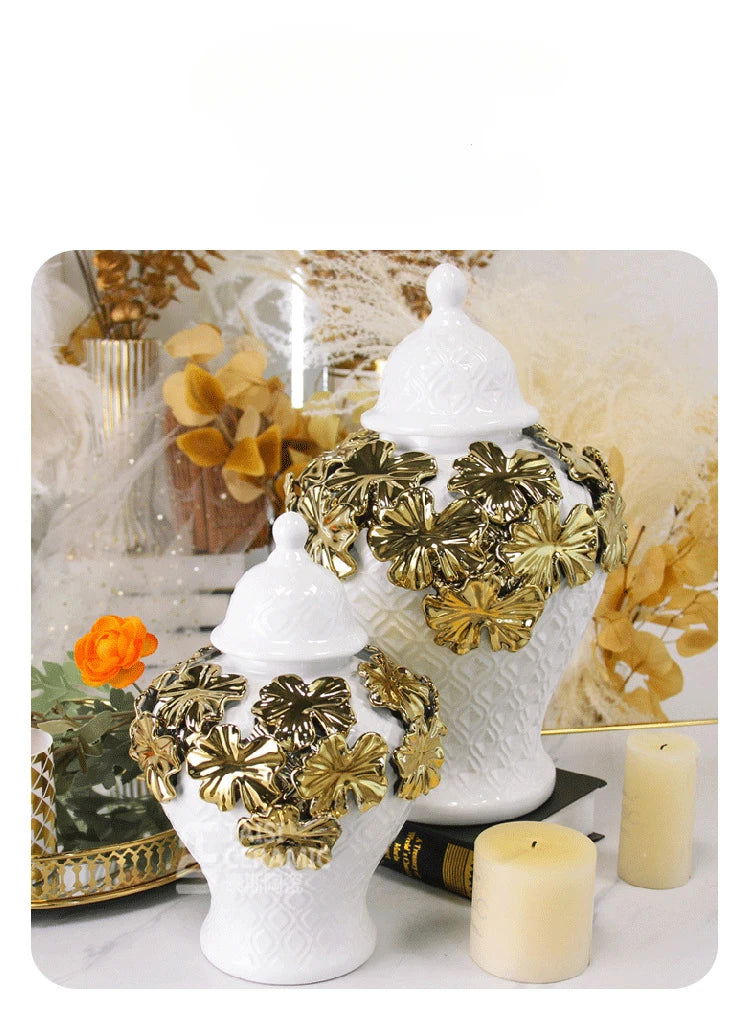 Ceramic Checkmate Jar Argyle Ginger Jar Embossed Gold Petal Storage Tank Flower Vase Home Decoration Accessories - Grand Goldman