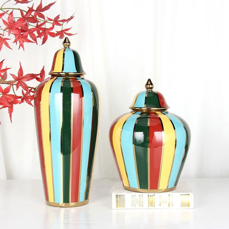 Ceramic Checkmate Jar Colorful Striped Ginger Jar Flower Vase Storage Tank Porcelain Handicrafts Ornaments Home Decoration - Grand Goldman