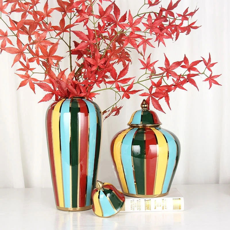 Ceramic Checkmate Jar Colorful Striped Ginger Jar Flower Vase Storage Tank Porcelain Handicrafts Ornaments Home Decoration - Grand Goldman