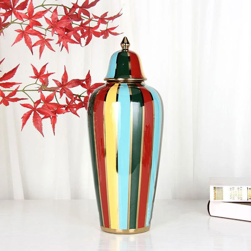 Ceramic Checkmate Jar Colorful Striped Ginger Jar Flower Vase Storage Tank Porcelain Handicrafts Ornaments Home Decoration - Grand Goldman