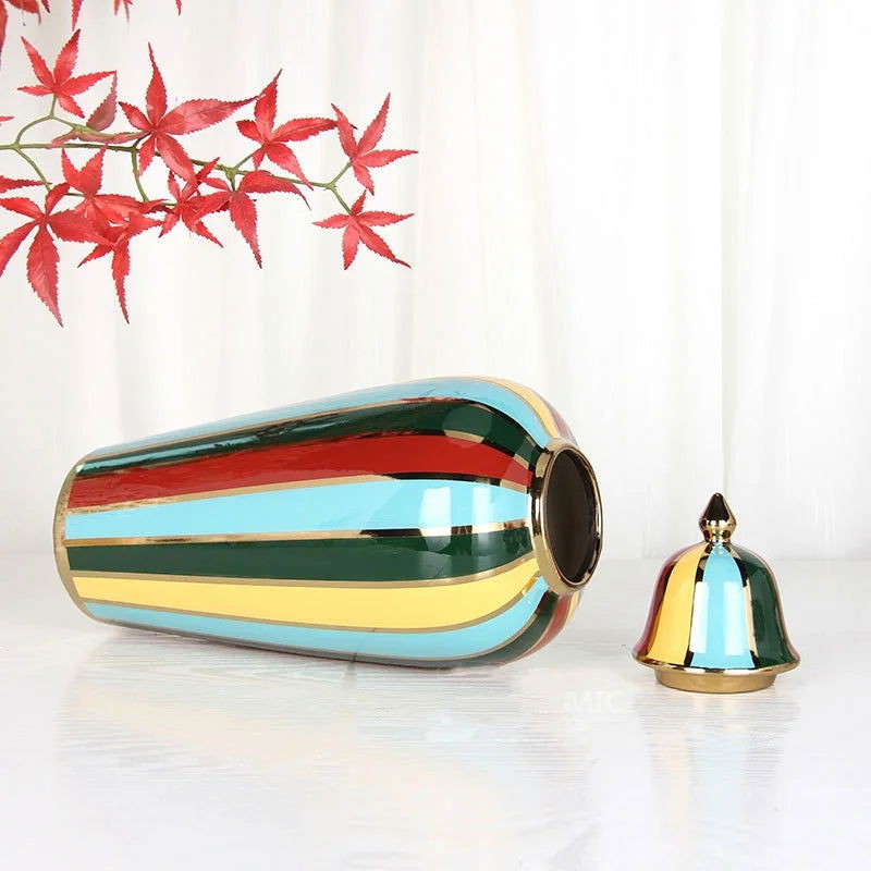 Ceramic Checkmate Jar Colorful Striped Ginger Jar Flower Vase Storage Tank Porcelain Handicrafts Ornaments Home Decoration - Grand Goldman