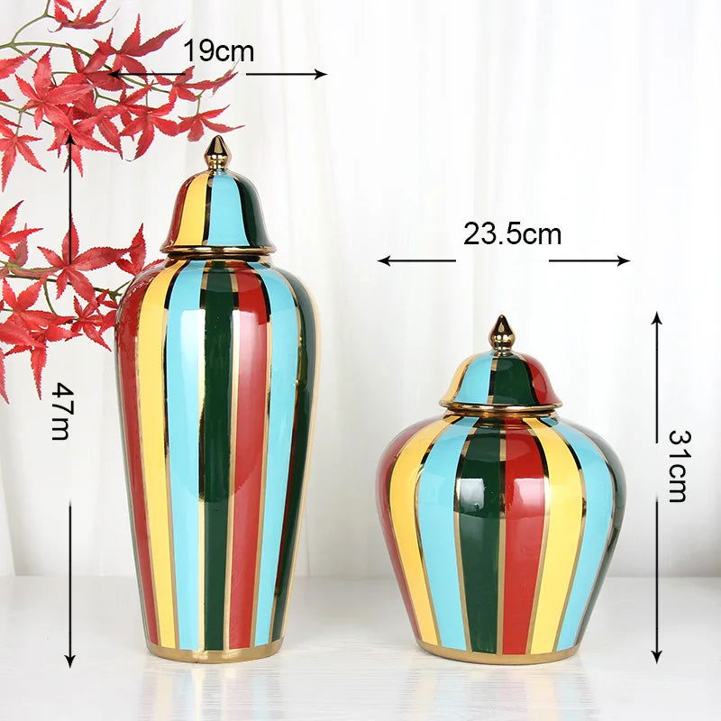 Ceramic Checkmate Jar Colorful Striped Ginger Jar Flower Vase Storage Tank Porcelain Handicrafts Ornaments Home Decoration - Grand Goldman