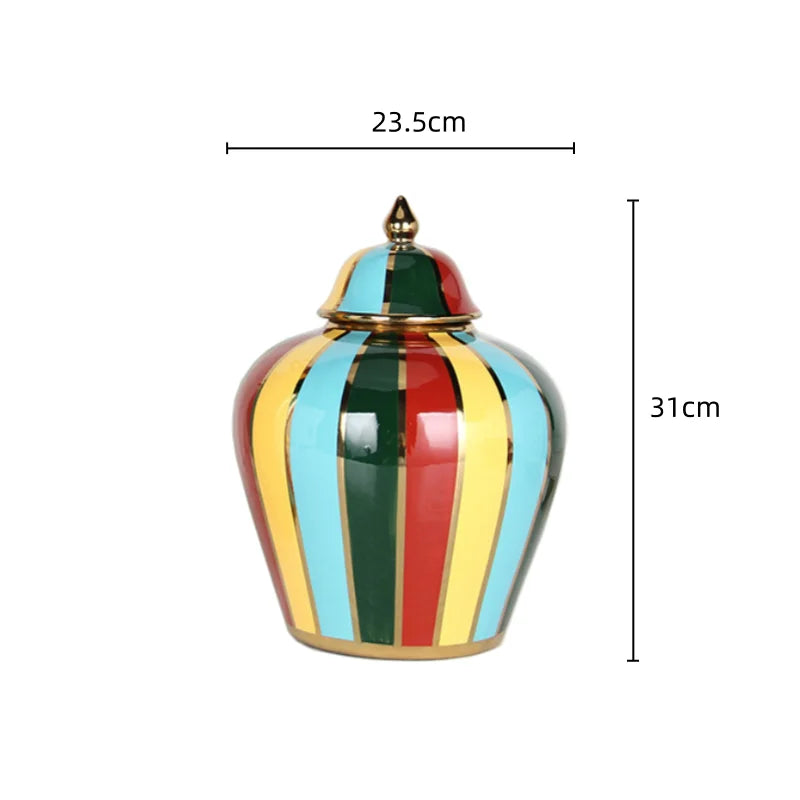 Ceramic Checkmate Jar Colorful Striped Ginger Jar Flower Vase Storage Tank Porcelain Handicrafts Ornaments Home Decoration - Grand Goldman