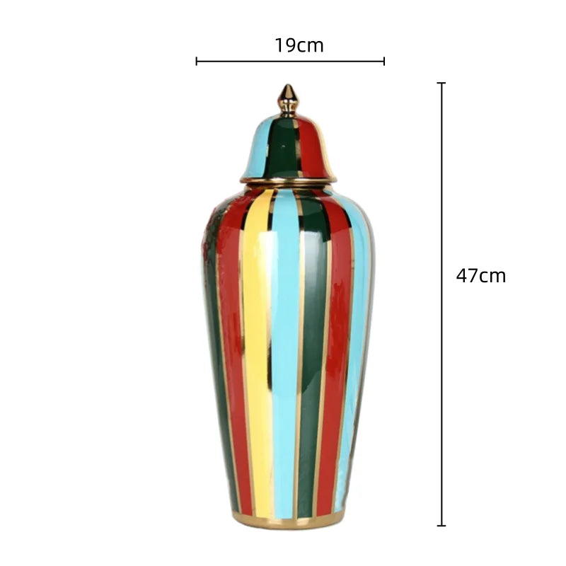 Ceramic Checkmate Jar Colorful Striped Ginger Jar Flower Vase Storage Tank Porcelain Handicrafts Ornaments Home Decoration - Grand Goldman