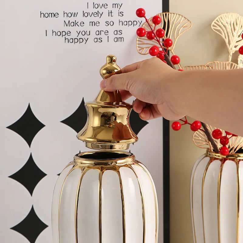 Ceramic Checkmate Jar Flower Vase Geometric Gold Edge Ginger Jar Storage Tank China Pot Porcelain Home Decoration Accessories - Grand Goldman