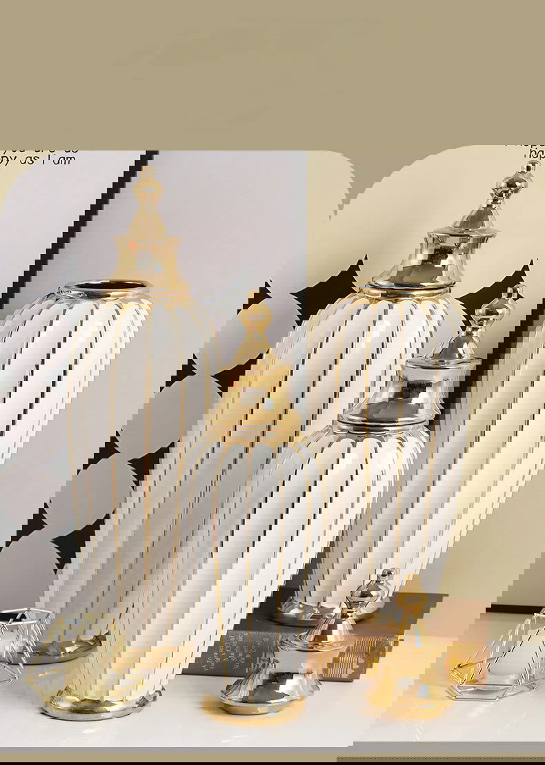 Ceramic Checkmate Jar Flower Vase Geometric Gold Edge Ginger Jar Storage Tank China Pot Porcelain Home Decoration Accessories - Grand Goldman