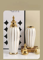 Ceramic Checkmate Jar Flower Vase Geometric Gold Edge Ginger Jar Storage Tank China Pot Porcelain Home Decoration Accessories - Grand Goldman