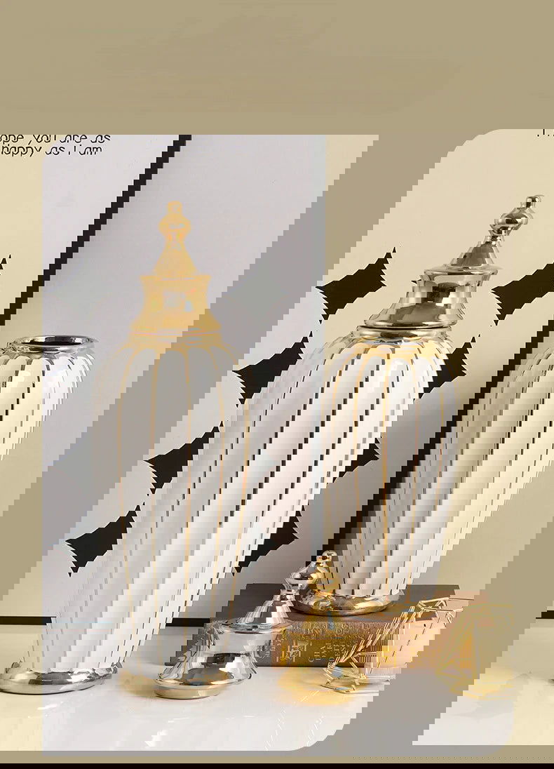 Ceramic Checkmate Jar Flower Vase Geometric Gold Edge Ginger Jar Storage Tank China Pot Porcelain Home Decoration Accessories - Grand Goldman