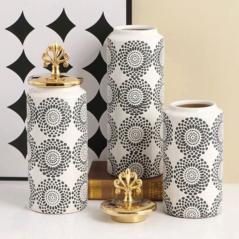 Ceramic Checkmate Jar Ginger Jar Flower Vase White Pattern Storage Tank Porcelain Handicraft Home Decoration Accessories - Grand Goldman