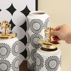 Ceramic Checkmate Jar Ginger Jar Flower Vase White Pattern Storage Tank Porcelain Handicraft Home Decoration Accessories - Grand Goldman