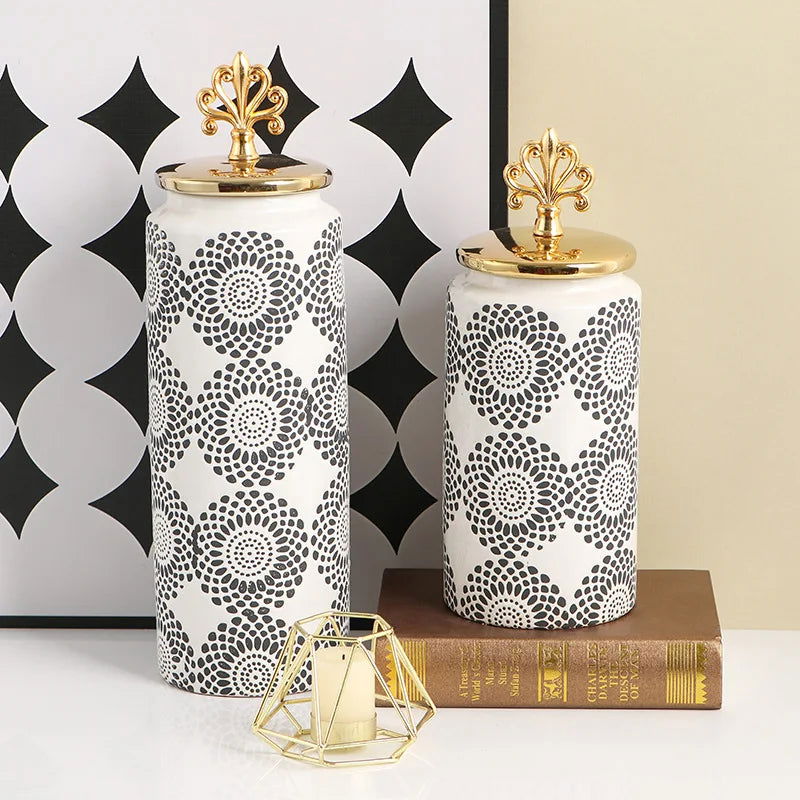 Ceramic Checkmate Jar Ginger Jar Flower Vase White Pattern Storage Tank Porcelain Handicraft Home Decoration Accessories - Grand Goldman