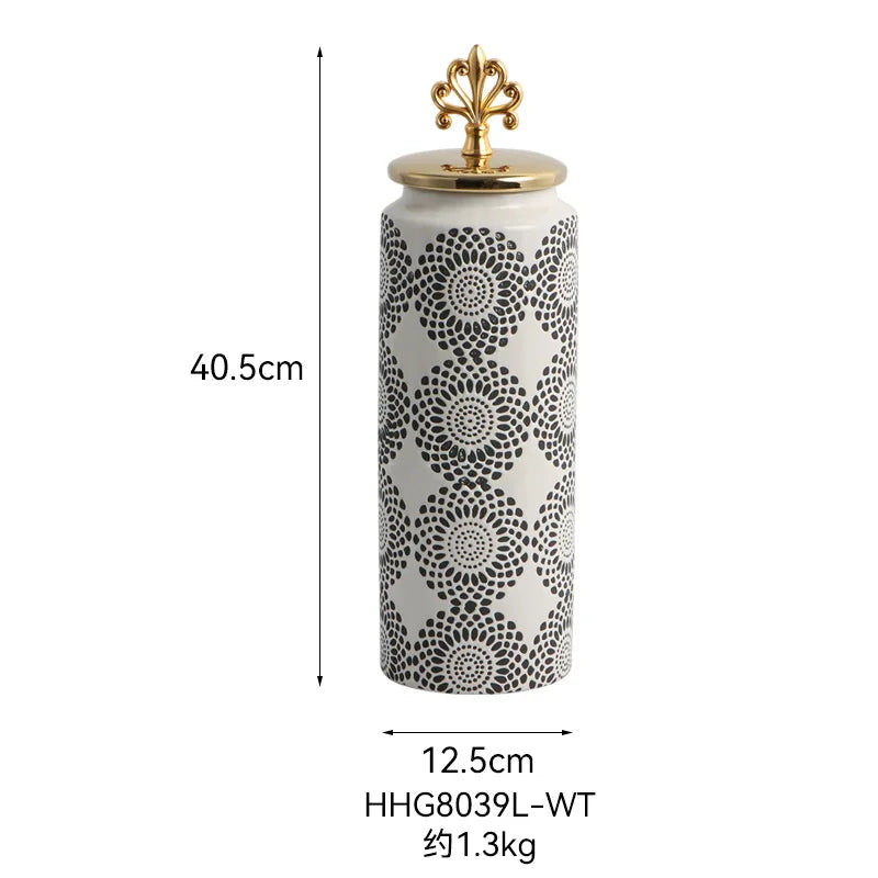Ceramic Checkmate Jar Ginger Jar Flower Vase White Pattern Storage Tank Porcelain Handicraft Home Decoration Accessories - Grand Goldman