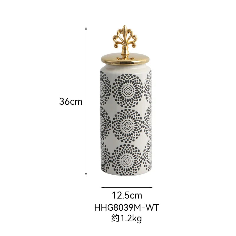 Ceramic Checkmate Jar Ginger Jar Flower Vase White Pattern Storage Tank Porcelain Handicraft Home Decoration Accessories - Grand Goldman