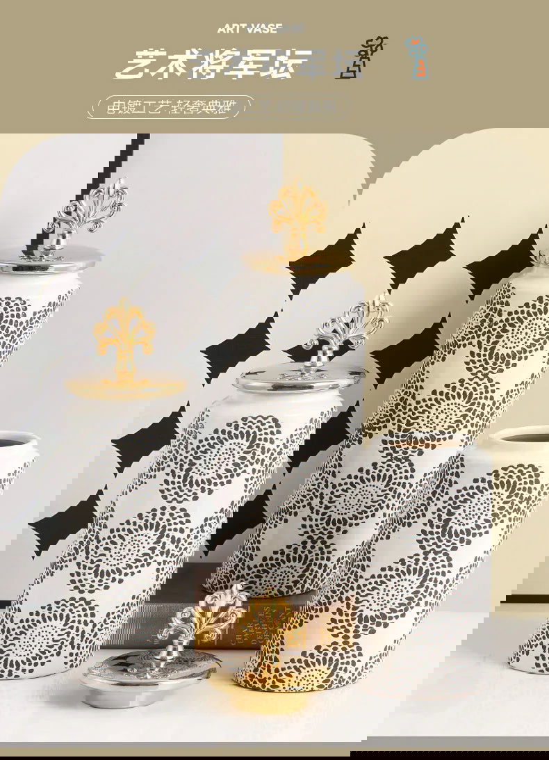 Ceramic Checkmate Jar Ginger Jar Flower Vase White Pattern Storage Tank Porcelain Handicraft Home Decoration Accessories - Grand Goldman