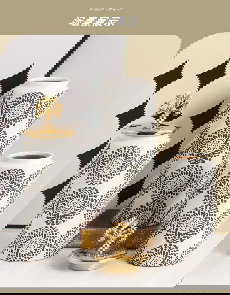 Ceramic Checkmate Jar Ginger Jar Flower Vase White Pattern Storage Tank Porcelain Handicraft Home Decoration Accessories - Grand Goldman