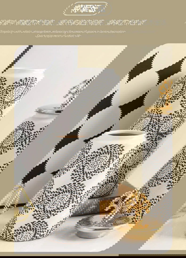 Ceramic Checkmate Jar Ginger Jar Flower Vase White Pattern Storage Tank Porcelain Handicraft Home Decoration Accessories - Grand Goldman