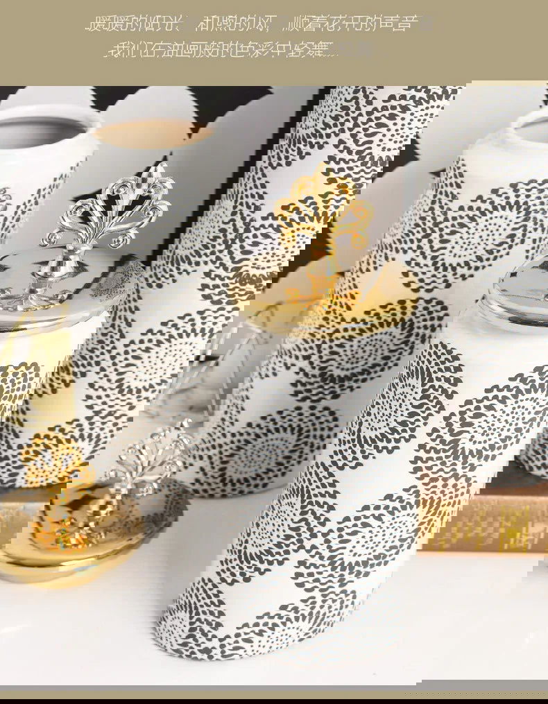 Ceramic Checkmate Jar Ginger Jar Flower Vase White Pattern Storage Tank Porcelain Handicraft Home Decoration Accessories - Grand Goldman