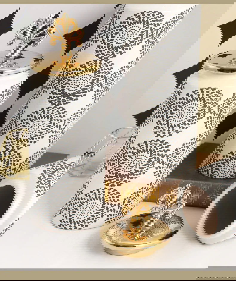 Ceramic Checkmate Jar Ginger Jar Flower Vase White Pattern Storage Tank Porcelain Handicraft Home Decoration Accessories - Grand Goldman