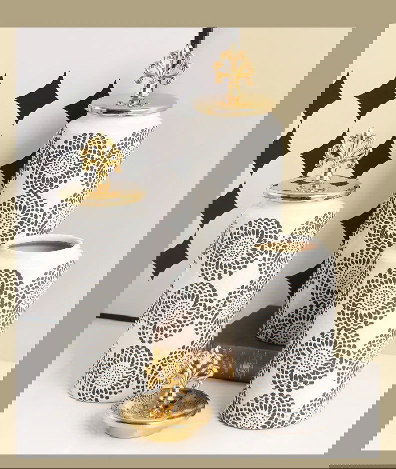 Ceramic Checkmate Jar Ginger Jar Flower Vase White Pattern Storage Tank Porcelain Handicraft Home Decoration Accessories - Grand Goldman