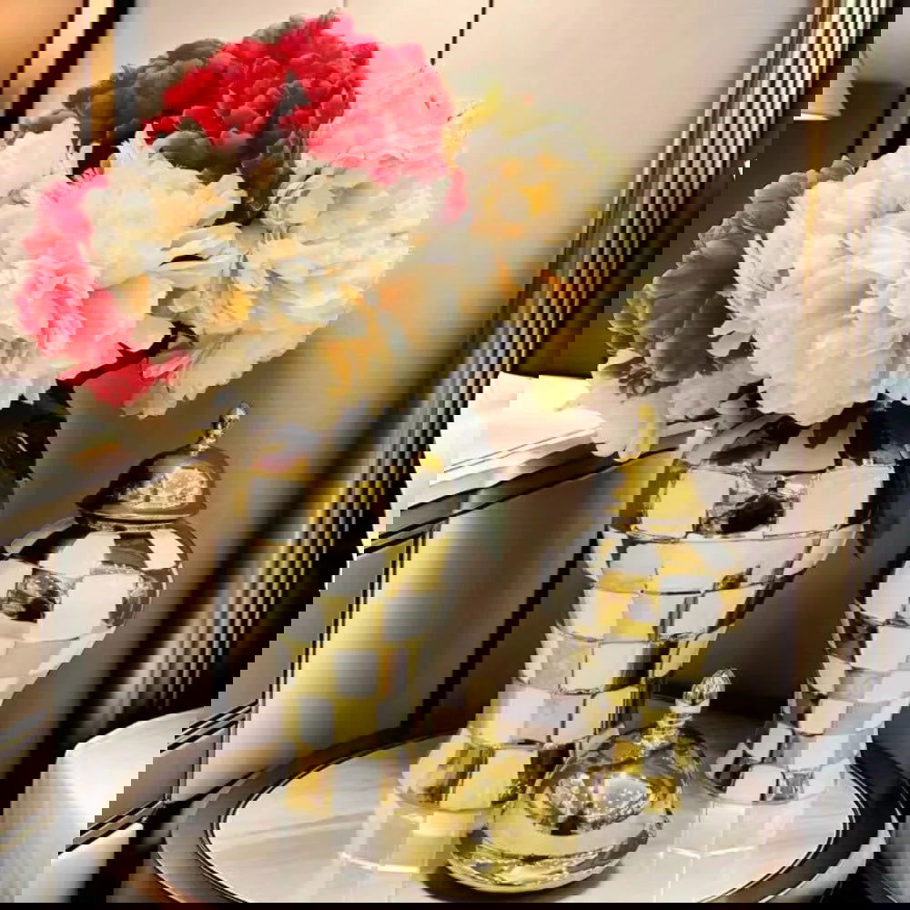 Ceramic Checkmate Jar Ginger Jar Geometric Gold Check Flower Vase Decorative Porcelain Vase Storage Tank Home Decoration - Grand Goldman