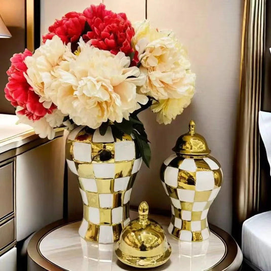 Ceramic Checkmate Jar Ginger Jar Geometric Gold Check Flower Vase Decorative Porcelain Vase Storage Tank Home Decoration - Grand Goldman