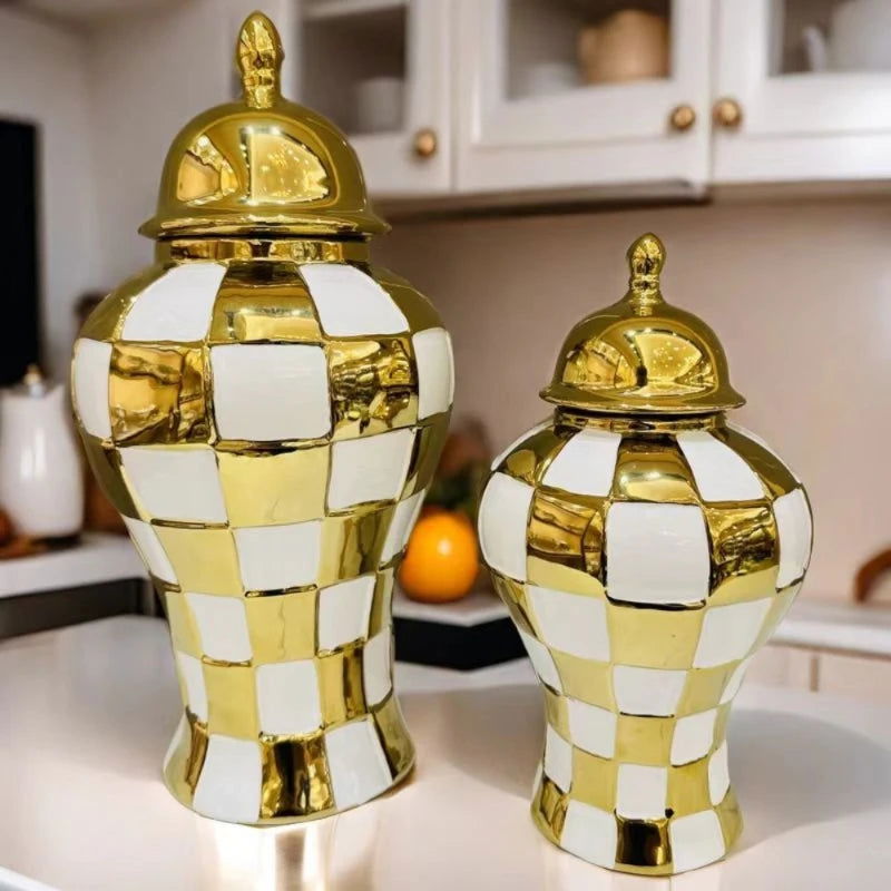 Ceramic Checkmate Jar Ginger Jar Geometric Gold Check Flower Vase Decorative Porcelain Vase Storage Tank Home Decoration - Grand Goldman
