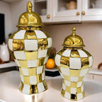 Ceramic Checkmate Jar Ginger Jar Geometric Gold Check Flower Vase Decorative Porcelain Vase Storage Tank Home Decoration - Grand Goldman