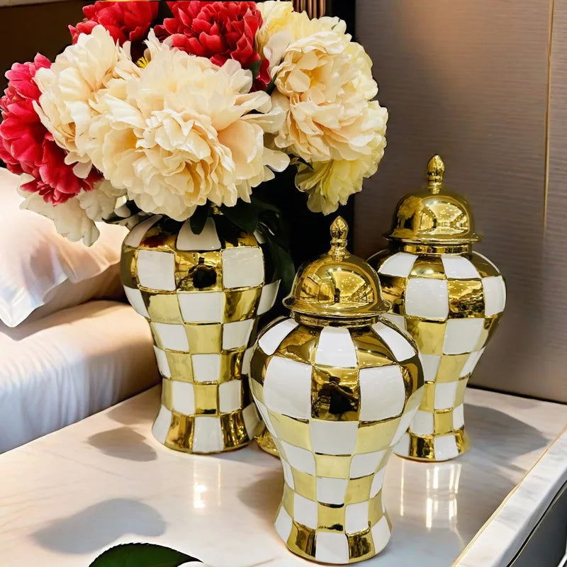 Ceramic Checkmate Jar Ginger Jar Geometric Gold Check Flower Vase Decorative Porcelain Vase Storage Tank Home Decoration - Grand Goldman