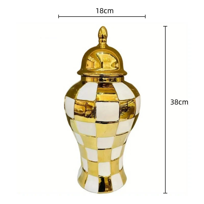 Ceramic Checkmate Jar Ginger Jar Geometric Gold Check Flower Vase Decorative Porcelain Vase Storage Tank Home Decoration - Grand Goldman