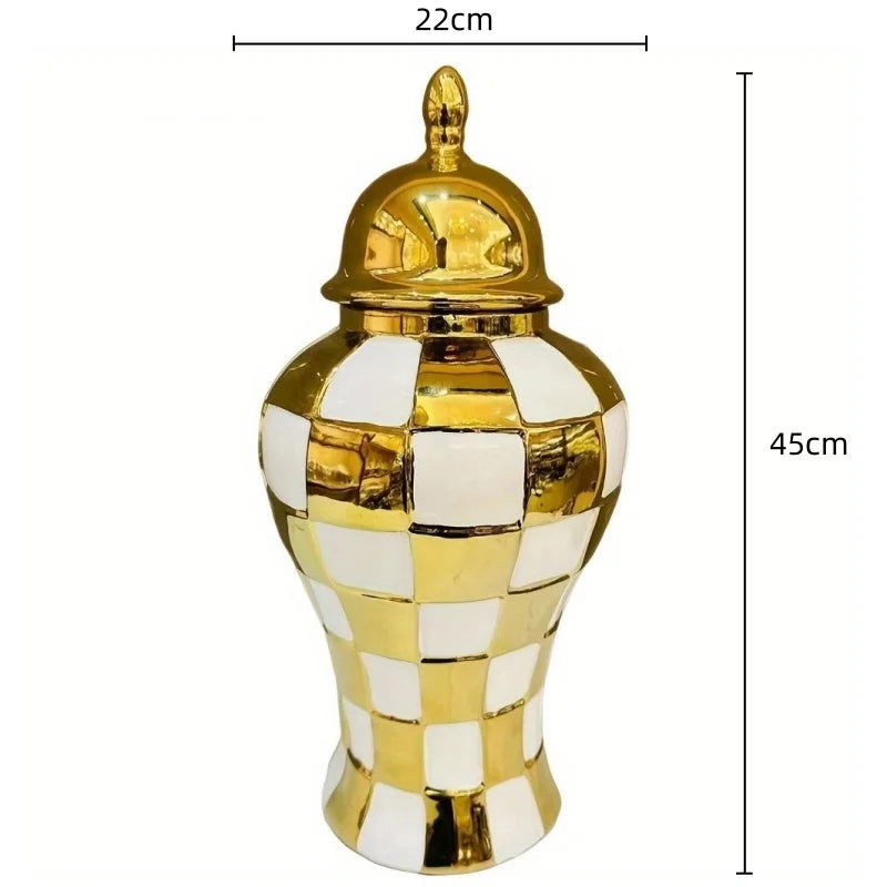 Ceramic Checkmate Jar Ginger Jar Geometric Gold Check Flower Vase Decorative Porcelain Vase Storage Tank Home Decoration - Grand Goldman