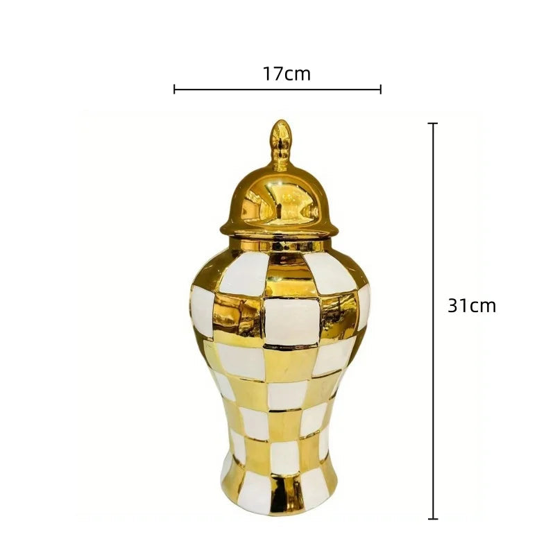 Ceramic Checkmate Jar Ginger Jar Geometric Gold Check Flower Vase Decorative Porcelain Vase Storage Tank Home Decoration - Grand Goldman