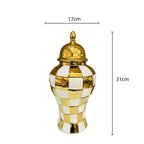 Ceramic Checkmate Jar Ginger Jar Geometric Gold Check Flower Vase Decorative Porcelain Vase Storage Tank Home Decoration - Grand Goldman