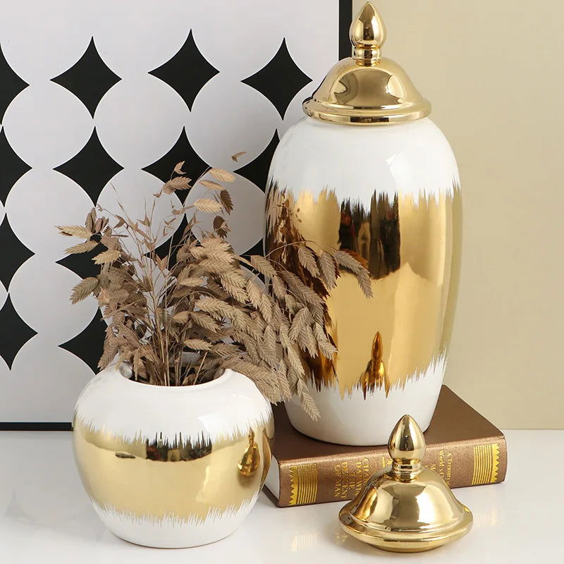 Ceramic Checkmate Jar Ginger Jar Porcelain Ornament Gradient Gold Storage Tank Flower Vase Home Decoration Accessories - Grand Goldman