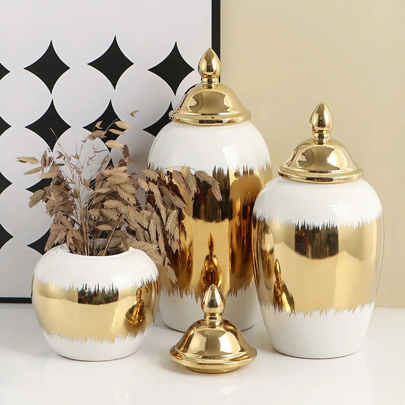 Ceramic Checkmate Jar Ginger Jar Porcelain Ornament Gradient Gold Storage Tank Flower Vase Home Decoration Accessories - Grand Goldman