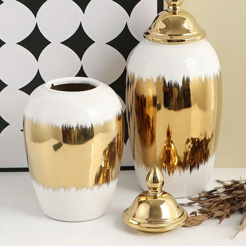 Ceramic Checkmate Jar Ginger Jar Porcelain Ornament Gradient Gold Storage Tank Flower Vase Home Decoration Accessories - Grand Goldman