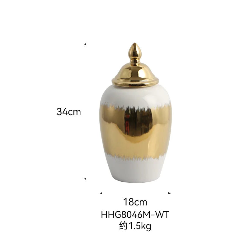 Ceramic Checkmate Jar Ginger Jar Porcelain Ornament Gradient Gold Storage Tank Flower Vase Home Decoration Accessories - Grand Goldman