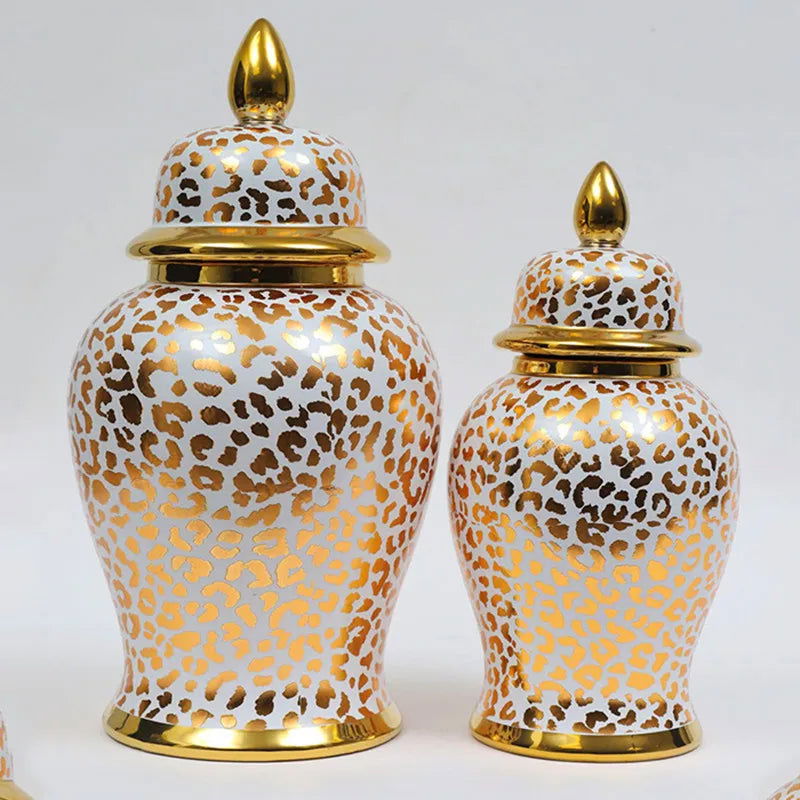 Ceramic Checkmate Jar Golden Leopard Print Porcelain Ginger Jar Flower Vase Vintage Bottle Storage Tank Home Decoration - Grand Goldman
