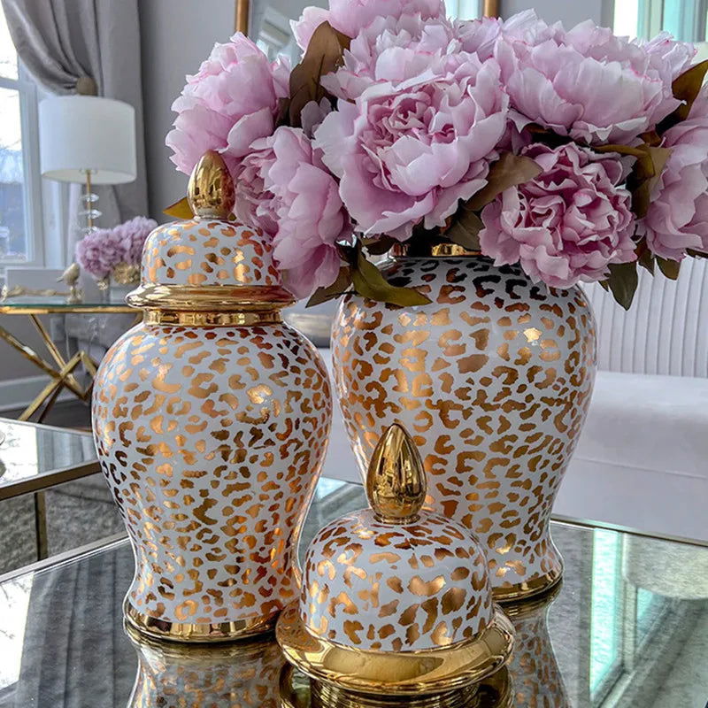 Ceramic Checkmate Jar Golden Leopard Print Porcelain Ginger Jar Flower Vase Vintage Bottle Storage Tank Home Decoration - Grand Goldman