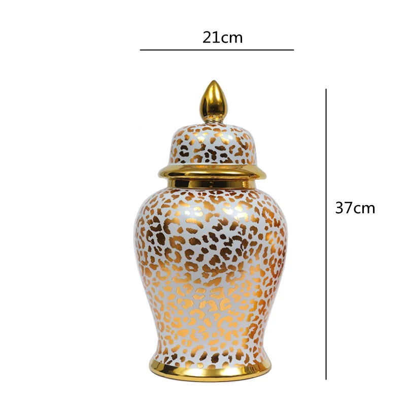Ceramic Checkmate Jar Golden Leopard Print Porcelain Ginger Jar Flower Vase Vintage Bottle Storage Tank Home Decoration - Grand Goldman