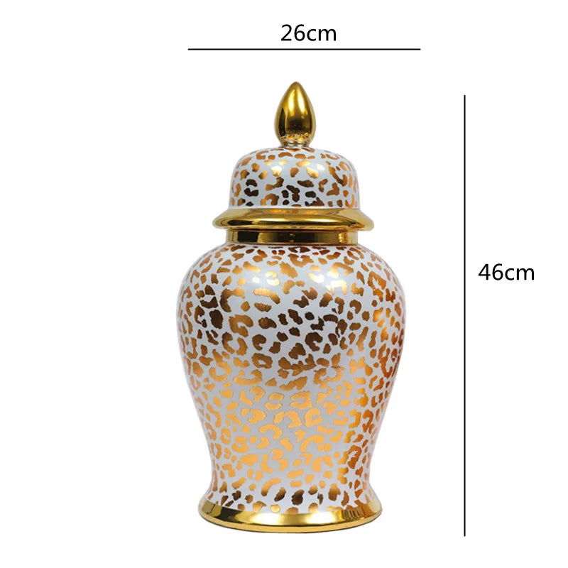 Ceramic Checkmate Jar Golden Leopard Print Porcelain Ginger Jar Flower Vase Vintage Bottle Storage Tank Home Decoration - Grand Goldman