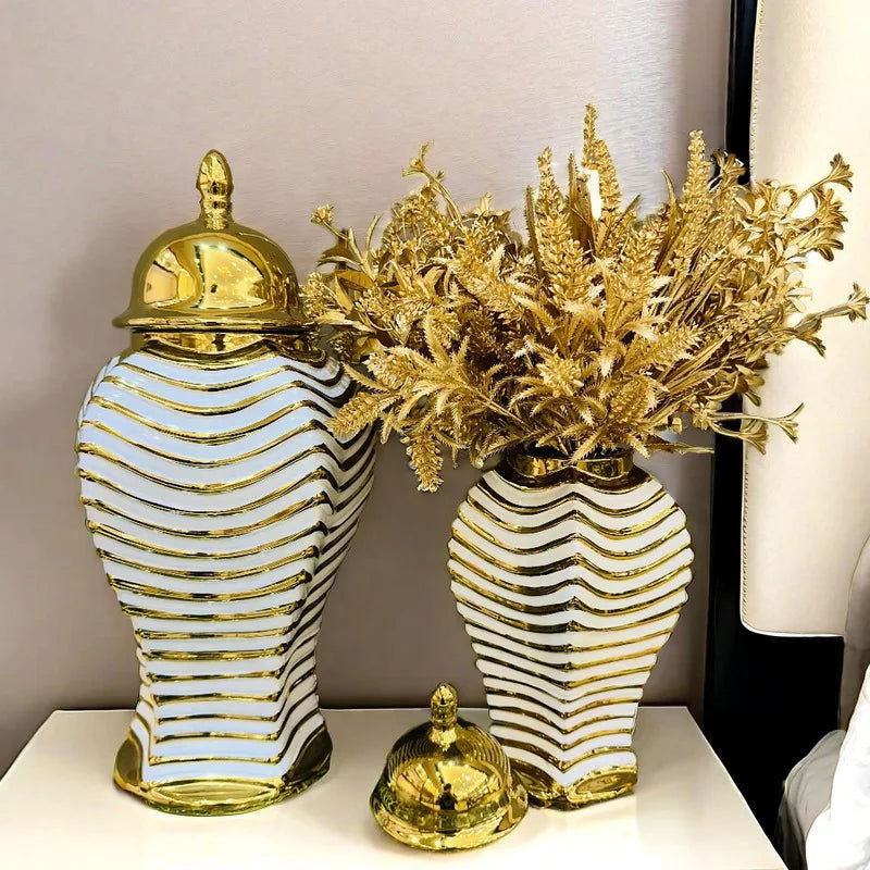 Ceramic Checkmate Jar Golden Striped Ginger Jar Flower Vase Storage Tank Porcelain Bottle Handicraft Home Decoration - Grand Goldman