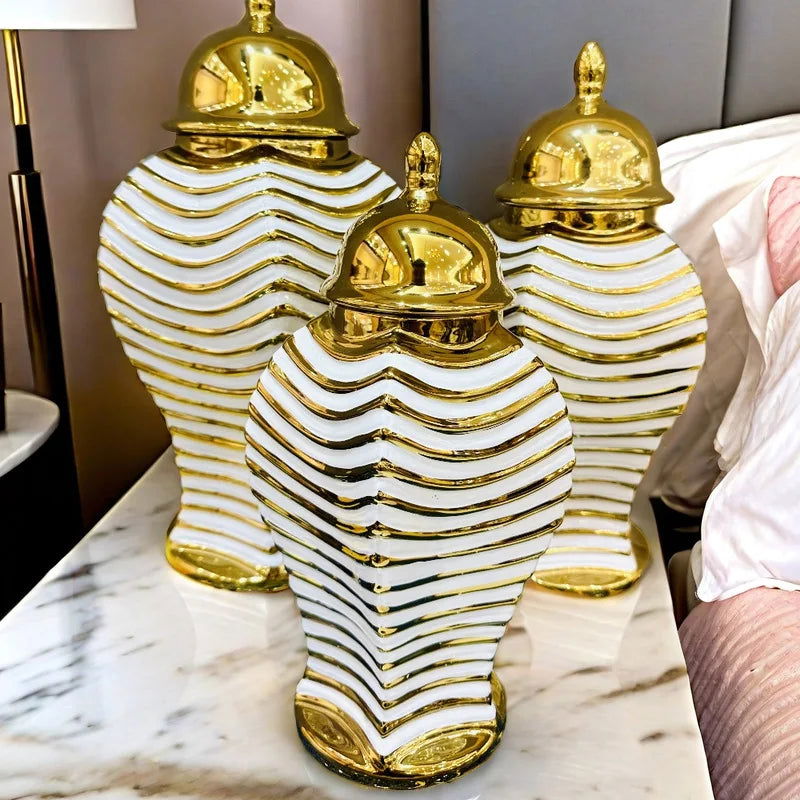 Ceramic Checkmate Jar Golden Striped Ginger Jar Flower Vase Storage Tank Porcelain Bottle Handicraft Home Decoration - Grand Goldman