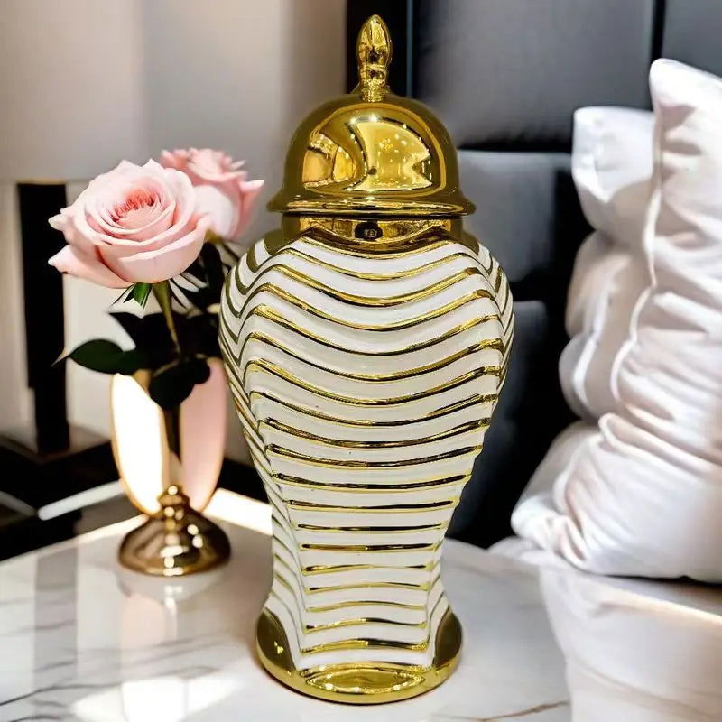 Ceramic Checkmate Jar Golden Striped Ginger Jar Flower Vase Storage Tank Porcelain Bottle Handicraft Home Decoration - Grand Goldman