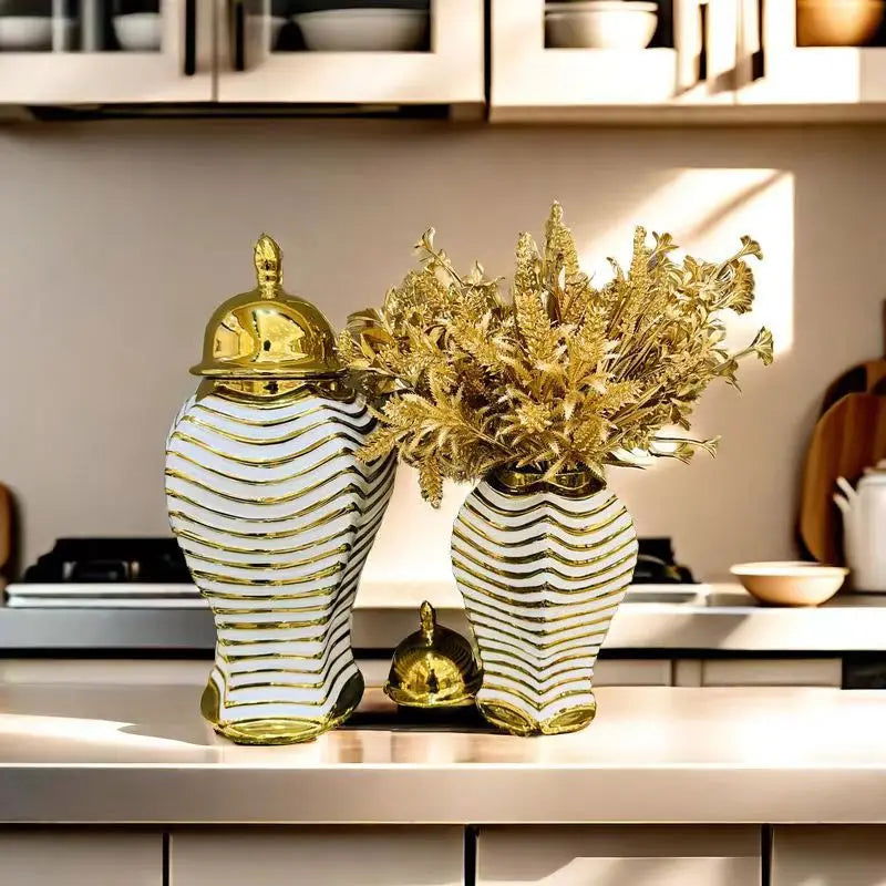 Ceramic Checkmate Jar Golden Striped Ginger Jar Flower Vase Storage Tank Porcelain Bottle Handicraft Home Decoration - Grand Goldman