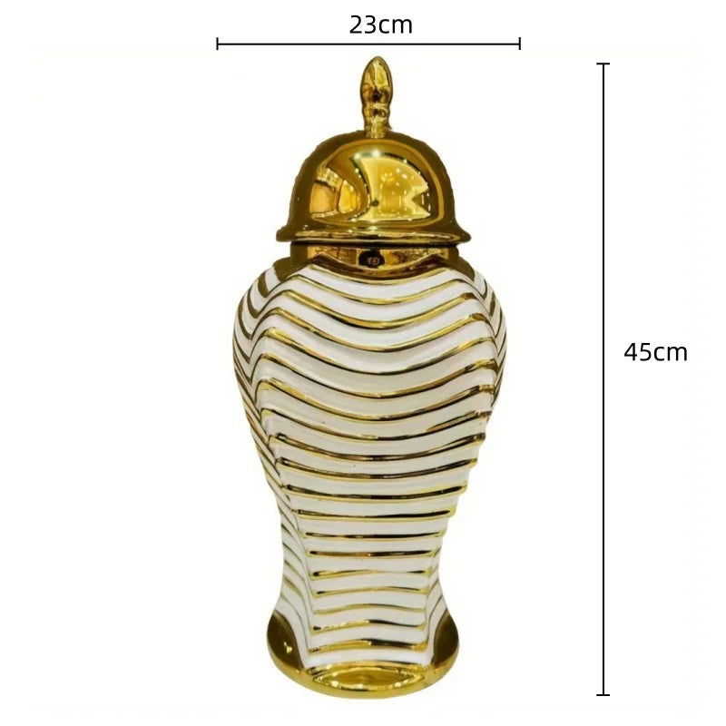 Ceramic Checkmate Jar Golden Striped Ginger Jar Flower Vase Storage Tank Porcelain Bottle Handicraft Home Decoration - Grand Goldman