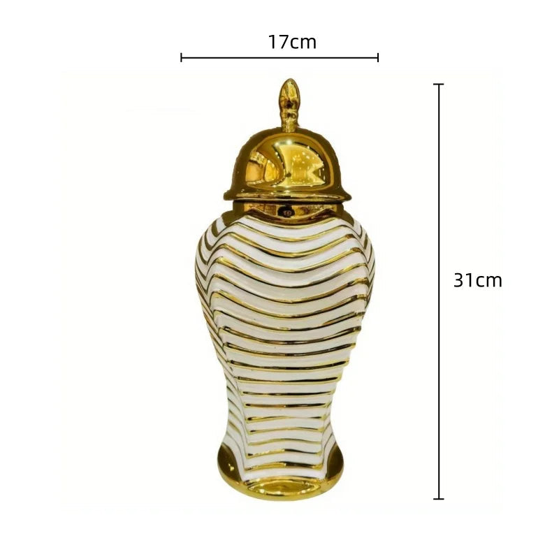 Ceramic Checkmate Jar Golden Striped Ginger Jar Flower Vase Storage Tank Porcelain Bottle Handicraft Home Decoration - Grand Goldman