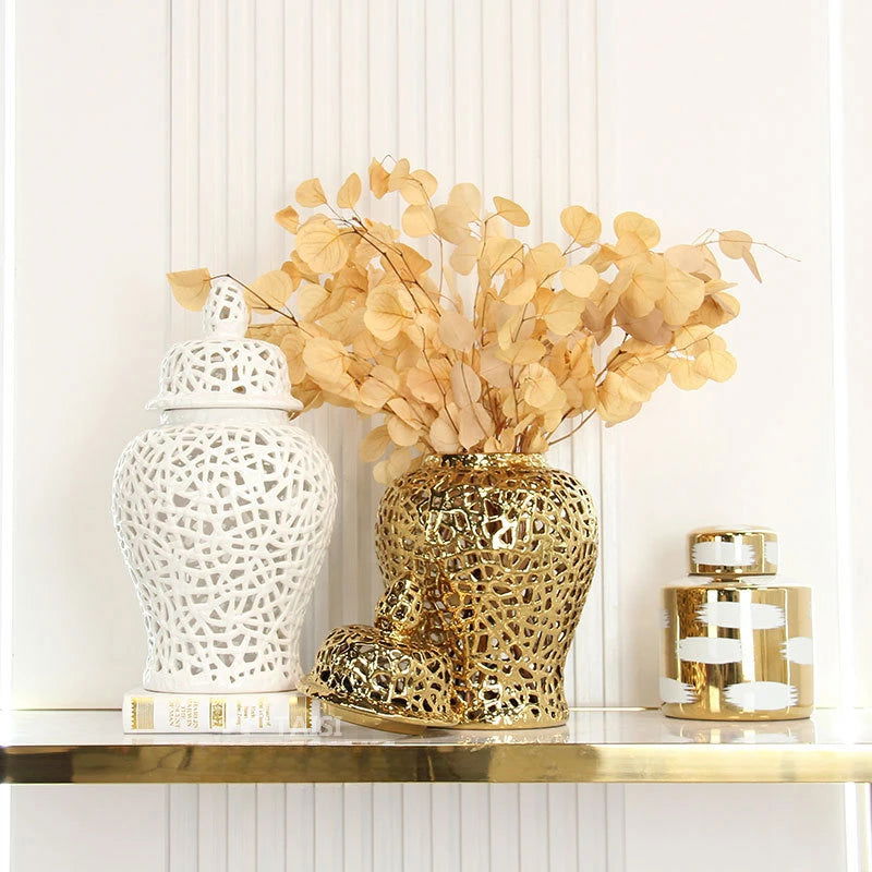 Ceramic Checkmate Jar Hollow Gold Ginger Jar Flower Vase Hollow Storage Tank Porcelain Handicraft Home Decoration Accessories - Grand Goldman