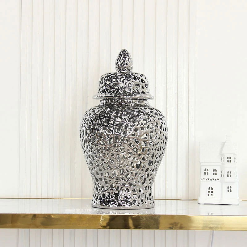 Ceramic Checkmate Jar Hollow Gold Ginger Jar Flower Vase Hollow Storage Tank Porcelain Handicraft Home Decoration Accessories - Grand Goldman